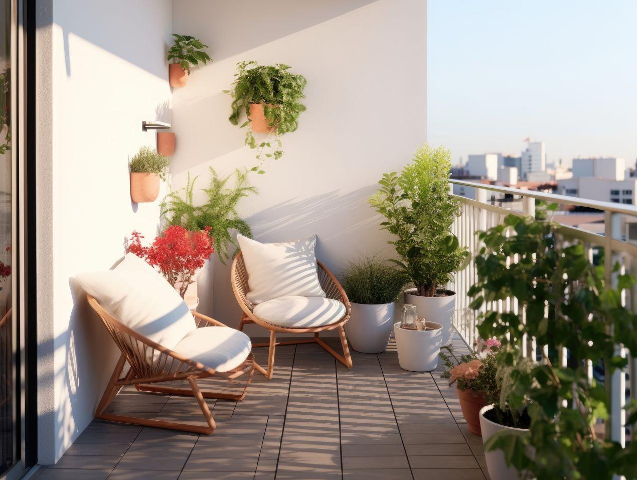 Heller Balkon mit immergruener Bepflanzung, Holzmoebeln und stilvollen Pflanzenarrangements – inspiriert von Balkonpflanzen für jede Jahreszeit
