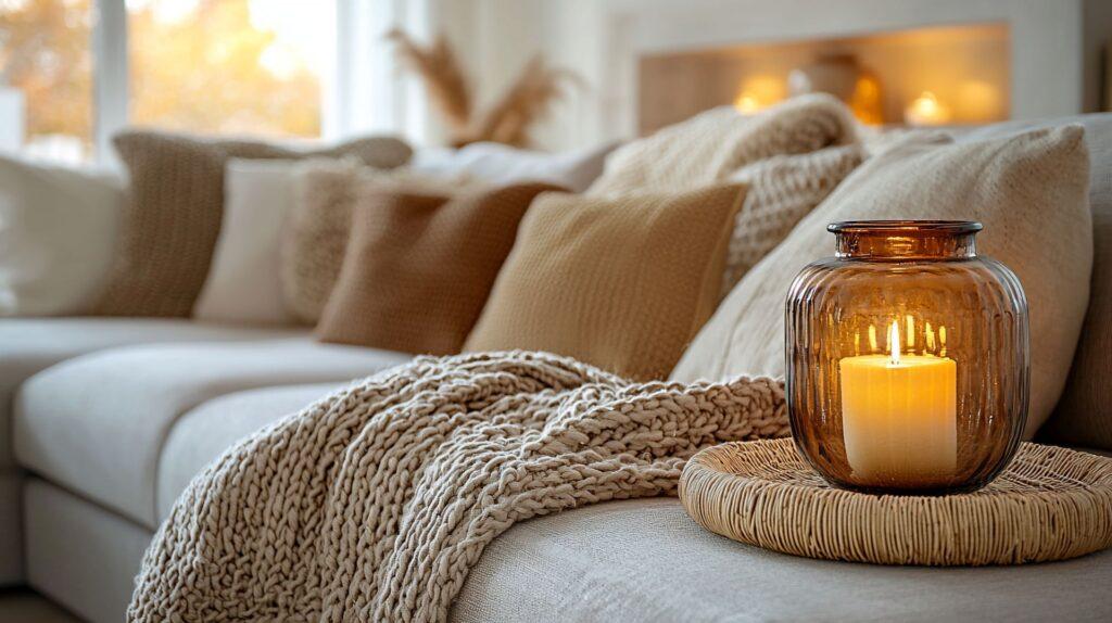 Nahaufnahme eines gemütlichen Wohnzimmers mit Kerze im Glas, gestrickter Decke und warmen Erdtönen auf dem Sofa