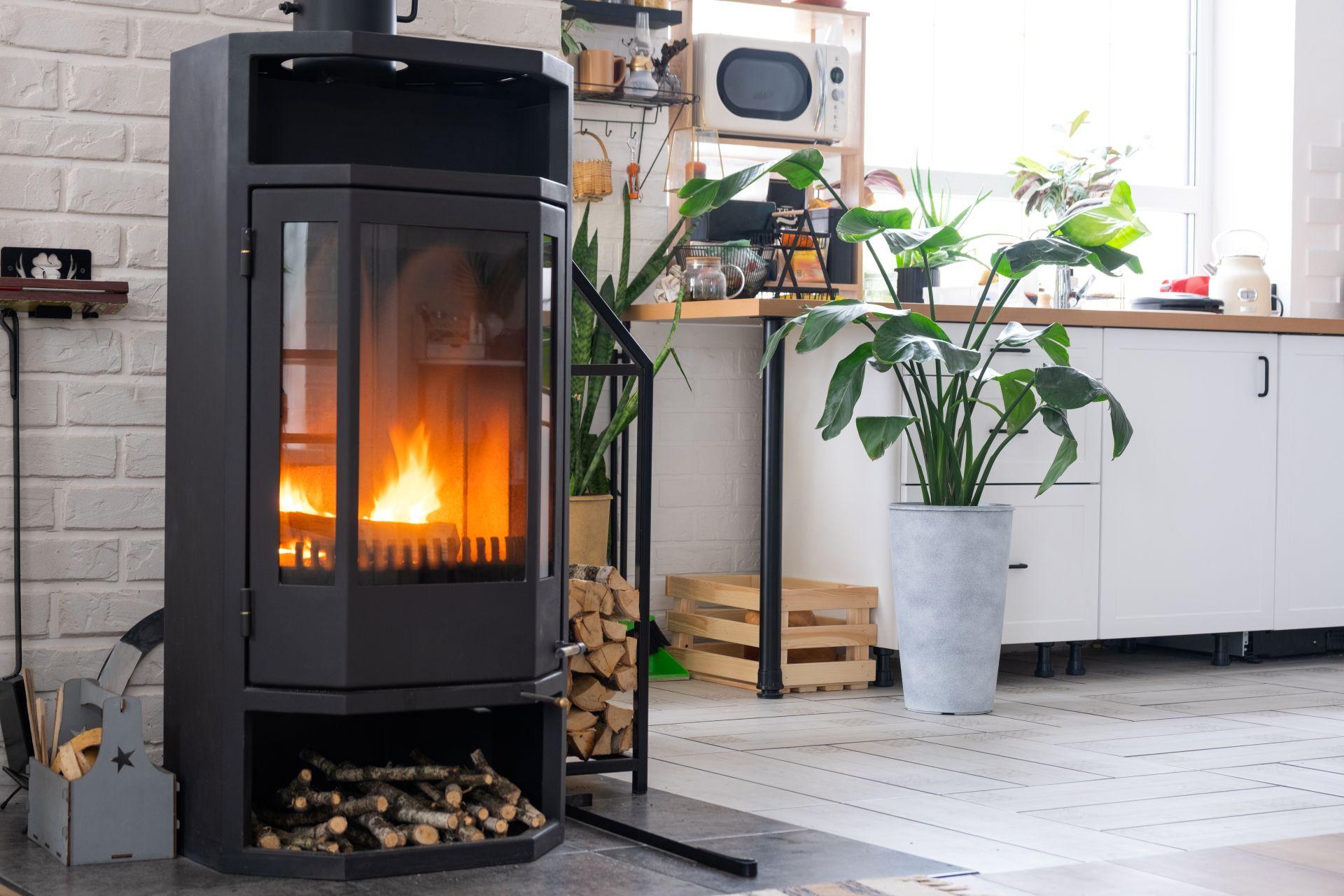 Moderner Kaminofen mit Specksteinverkleidung in einem hellen Wohnküchenbereich mit Pflanzen und Holzdetails